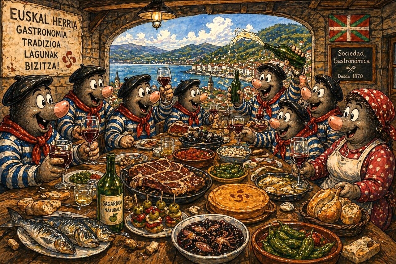Baskische Gesellschaft isst gemeinsam in Donostia San Sebastián mit traditionellen Gerichten und Wein