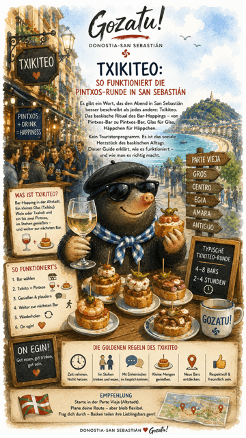 Illustration im Gozatu-Stil mit baskischem Maulwurf beim Txikiteo in Donostia-San Sebastián. Der Maulwurf genießt Txakoli und Pintxos vor den Bars der Parte Vieja, umgeben von Menschen, Holzschildern und der Bucht La Concha im Hintergrund.