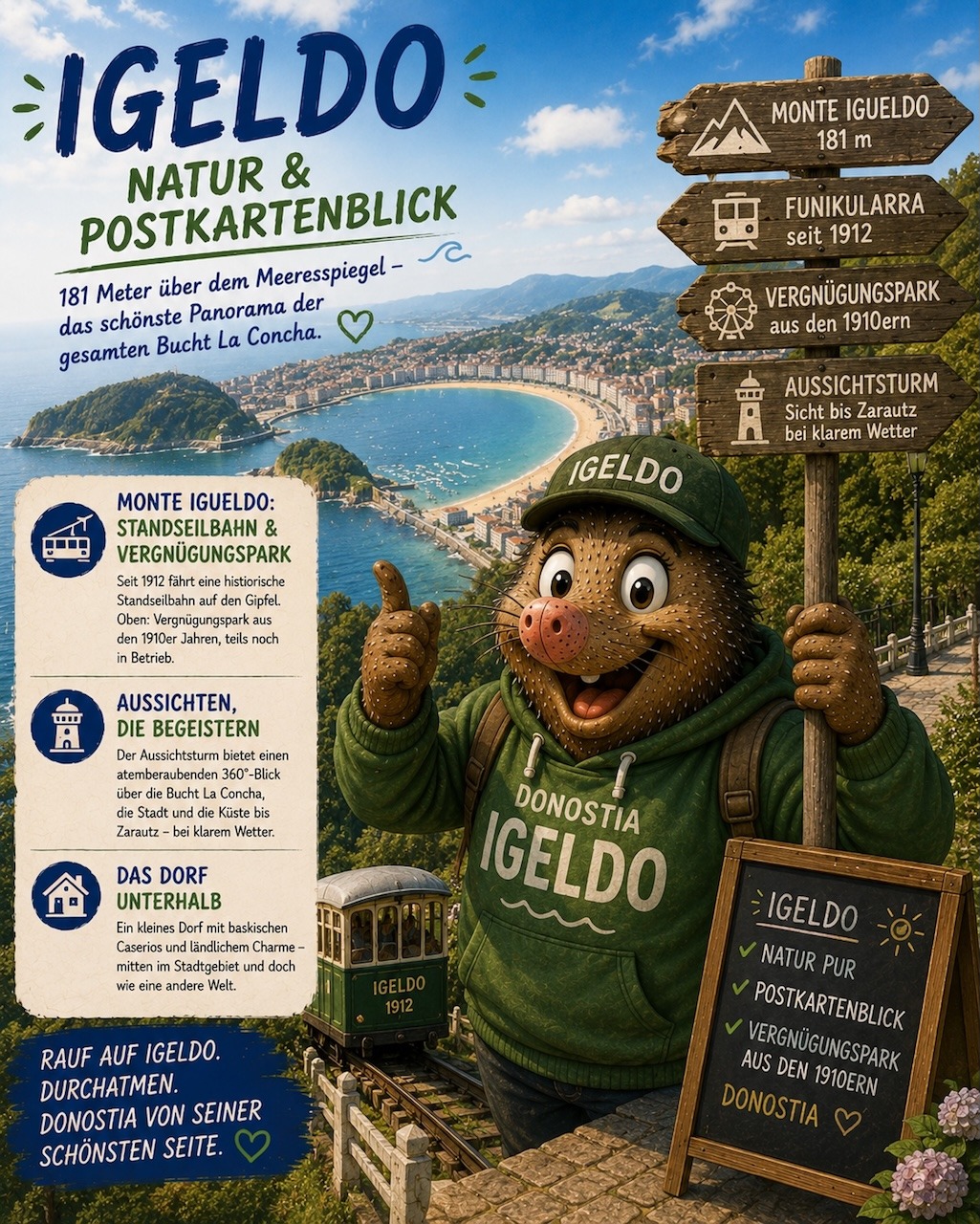 Igeldo San Sebastian – Monte Igueldo mit Standseilbahn und Panoramablick auf La Concha