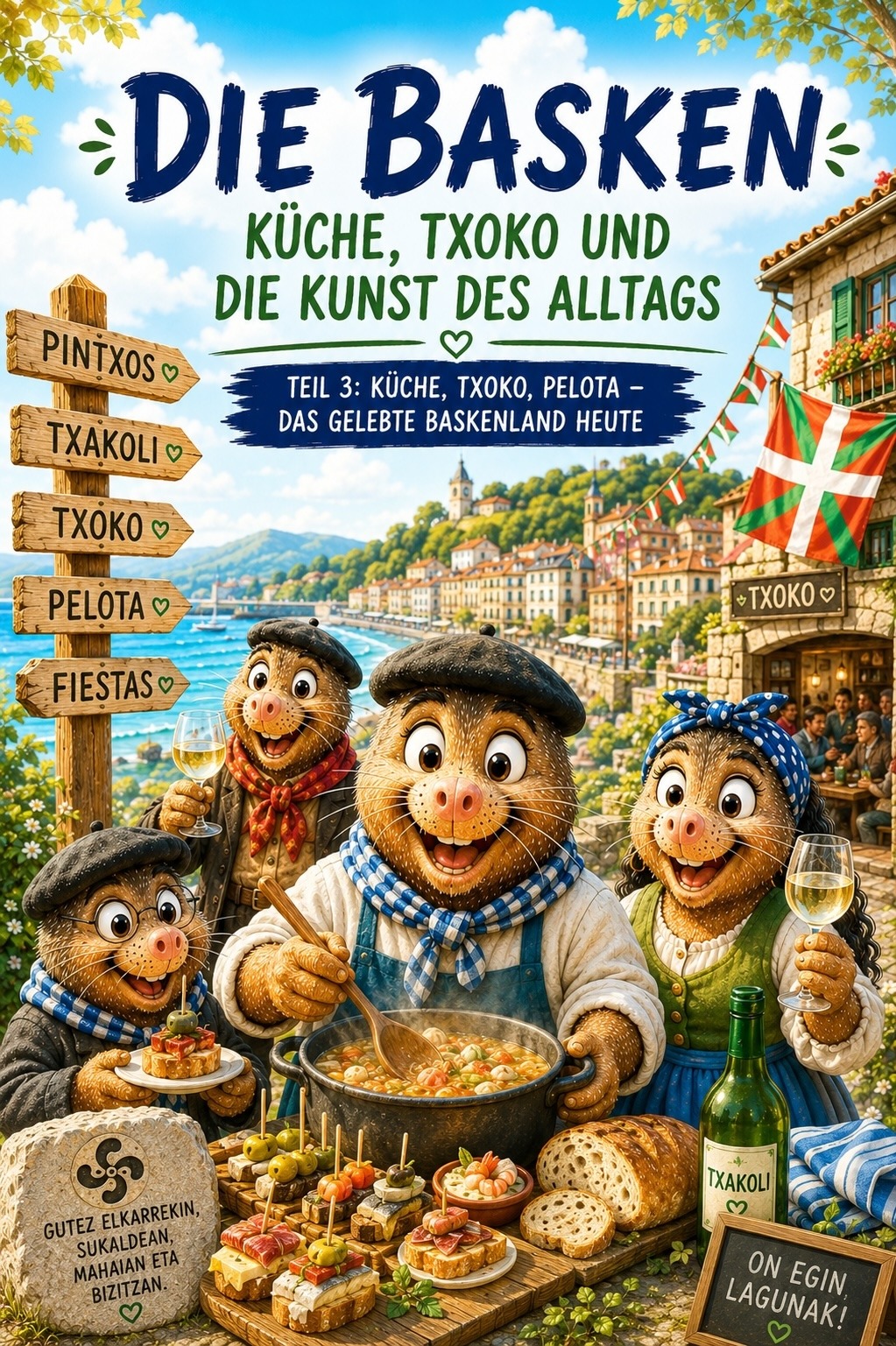 Illustriertes Titelbild zur baskischen Kultur mit fröhlichen baskischen Maulwurf-Figuren vor der Küste von Donostia-San Sebastián. Die Szene zeigt Pintxos, Txakoli, baskische Fahnen, traditionelle Kleidung sowie Hinweise auf Txoko, Pelota und baskische Feste in heller, freundlicher Atmosphäre.