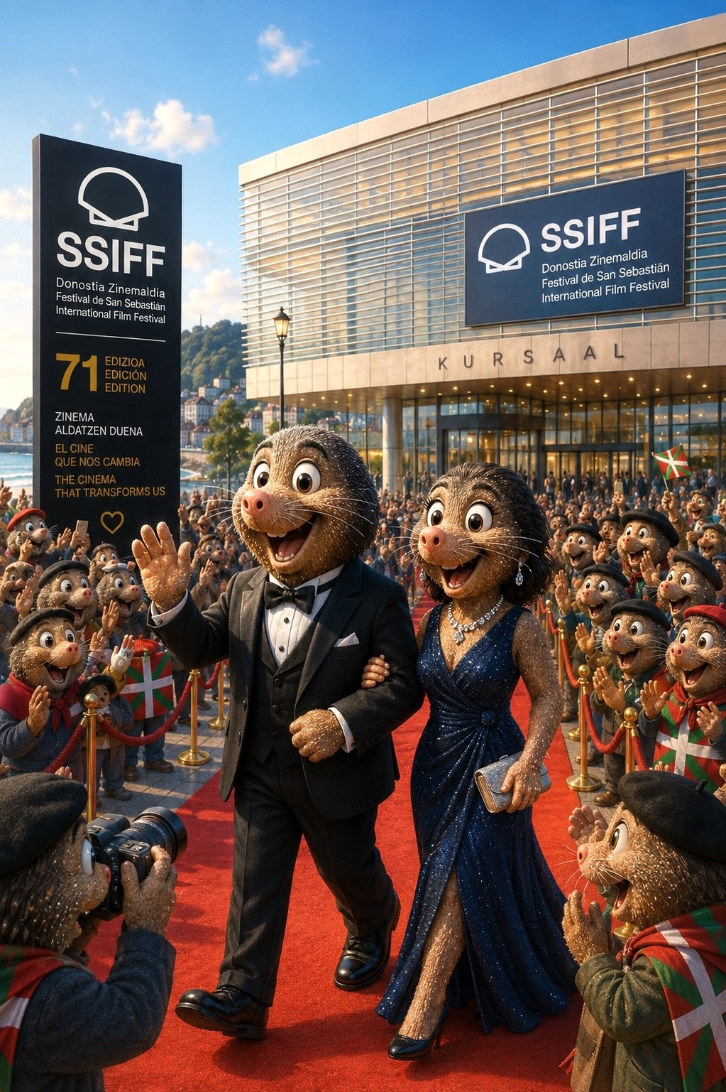 Elegante Maulwürfe auf dem roten Teppich vor dem modernen Kursaal in Donostia-San Sebastián beim Filmfestival SSIFF. Jubelnde baskische Maulwürfe, Fotografen und Festivalstimmung vor der ikonischen Glasfassade des Kursaals.