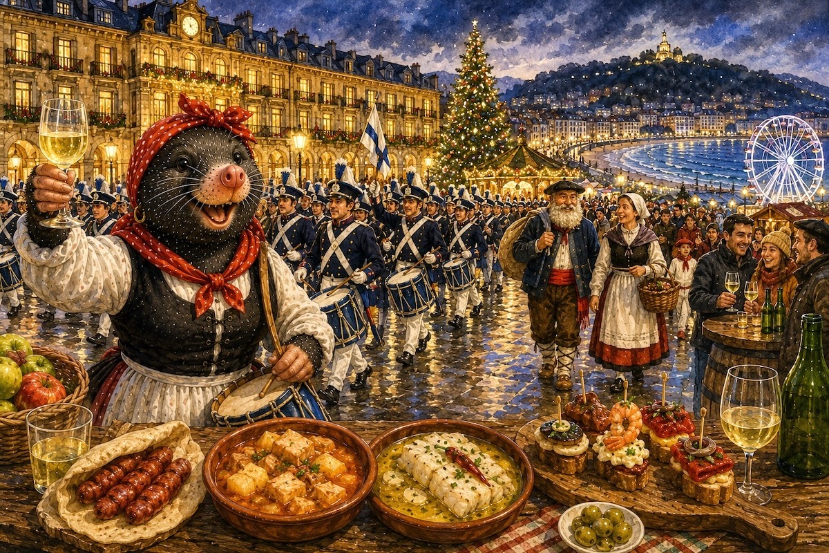Fröhliche baskische Maulwurffrau auf der Plaza de la Constitución während der Tamborrada in San Sebastián. Im Hintergrund marschieren Trommler durch die festlich beleuchtete Altstadt, während Weihnachtsmarkt, Riesenrad und die winterliche Bucht von La Concha für eine besondere Atmosphäre sorgen.