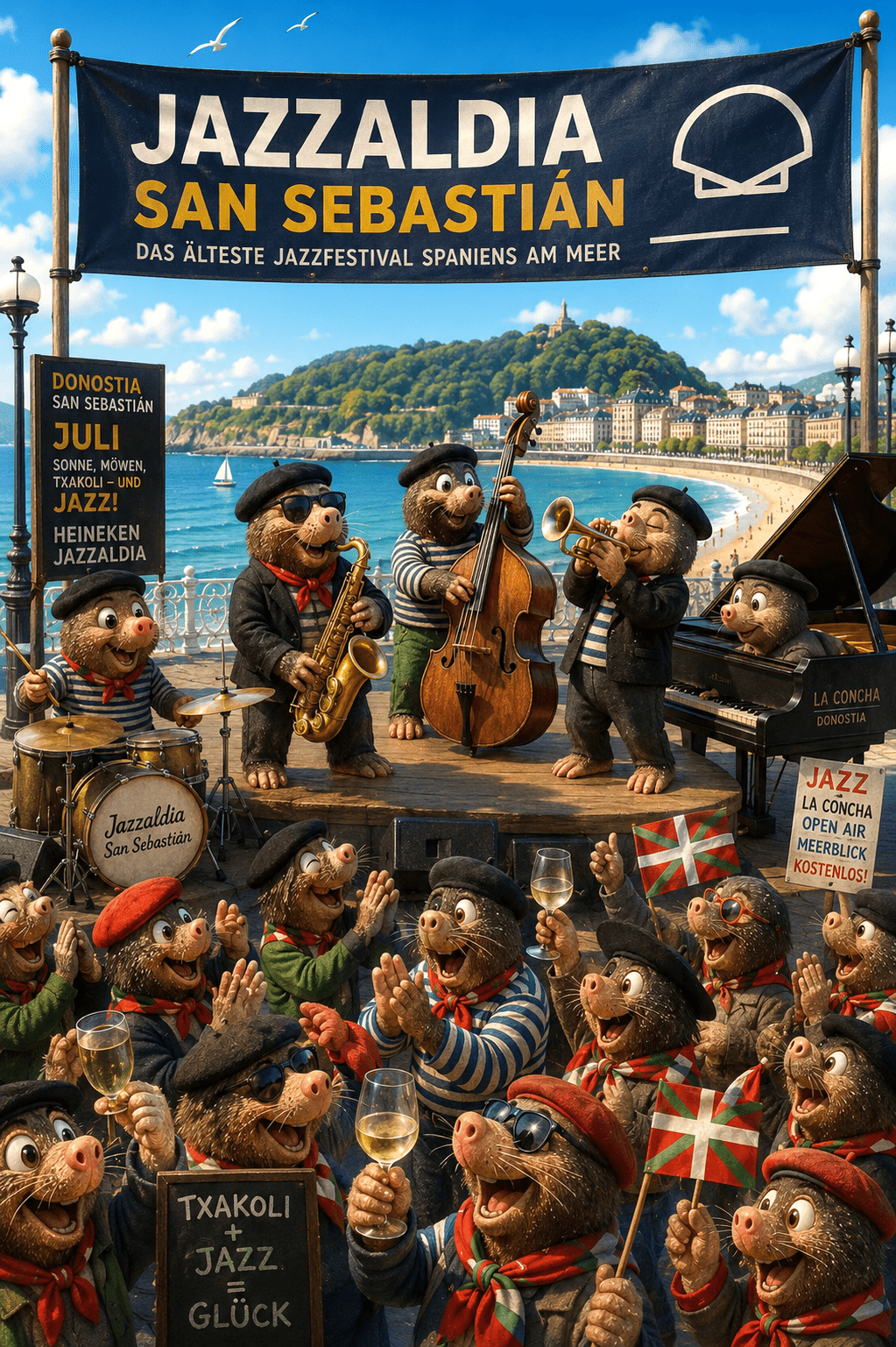 Lustige baskische Maulwürfe spielen als Jazzband auf einer Bühne an der Bucht La Concha in San Sebastián. Die Musiker spielen Saxophon, Kontrabass, Trompete, Klavier und Schlagzeug, während begeisterte Maulwürfe mit baskischen Fahnen und Gläsern Txakoli den Auftritt feiern. Im Hintergrund sind die Promenade, das Meer und der Monte Urgull bei strahlendem Sommerwetter zu sehen.