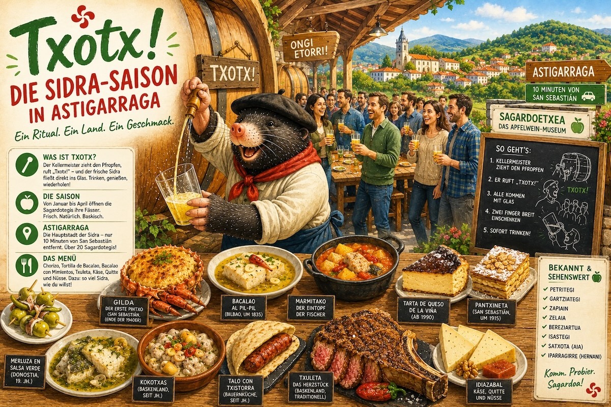 Fröhlicher baskischer Maulwurf zapft Sidra direkt aus einem Fass während der Txotx-Saison in Astigarraga. Gäste genießen Apfelwein und traditionelle baskische Spezialitäten in einer typischen Sagardotegi.
