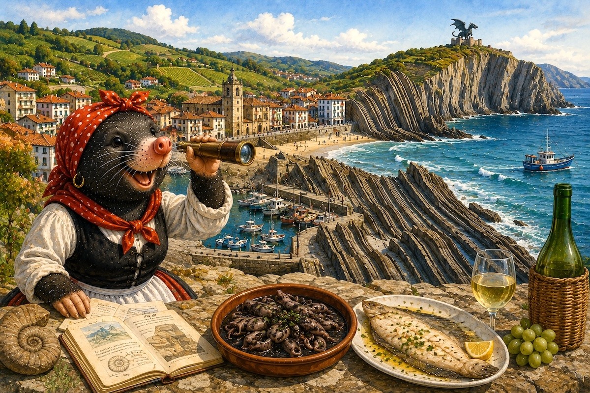 Fröhliche baskische Maulwurffrau auf den Flysch-Klippen von Zumaia mit Blick auf den Strand von Itzurun, den Atlantik und die spektakulären Gesteinsschichten des UNESCO-Geoparks der Baskischen Küste.