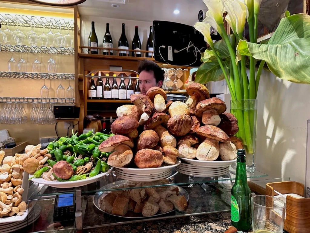 Theke der Ganbara mit Steinpilzen, Pimientos und Krustentieren – Schaulaufen der Saison
