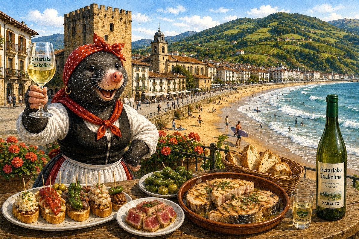 Fröhliche baskische Maulwurffrau mit einem Glas Txakoli vor dem Strand von Zarautz. Im Hintergrund surfen Menschen auf den Atlantikwellen, während sich die Promenade, die Altstadt und die grünen Weinberge der baskischen Küste entlangziehen.