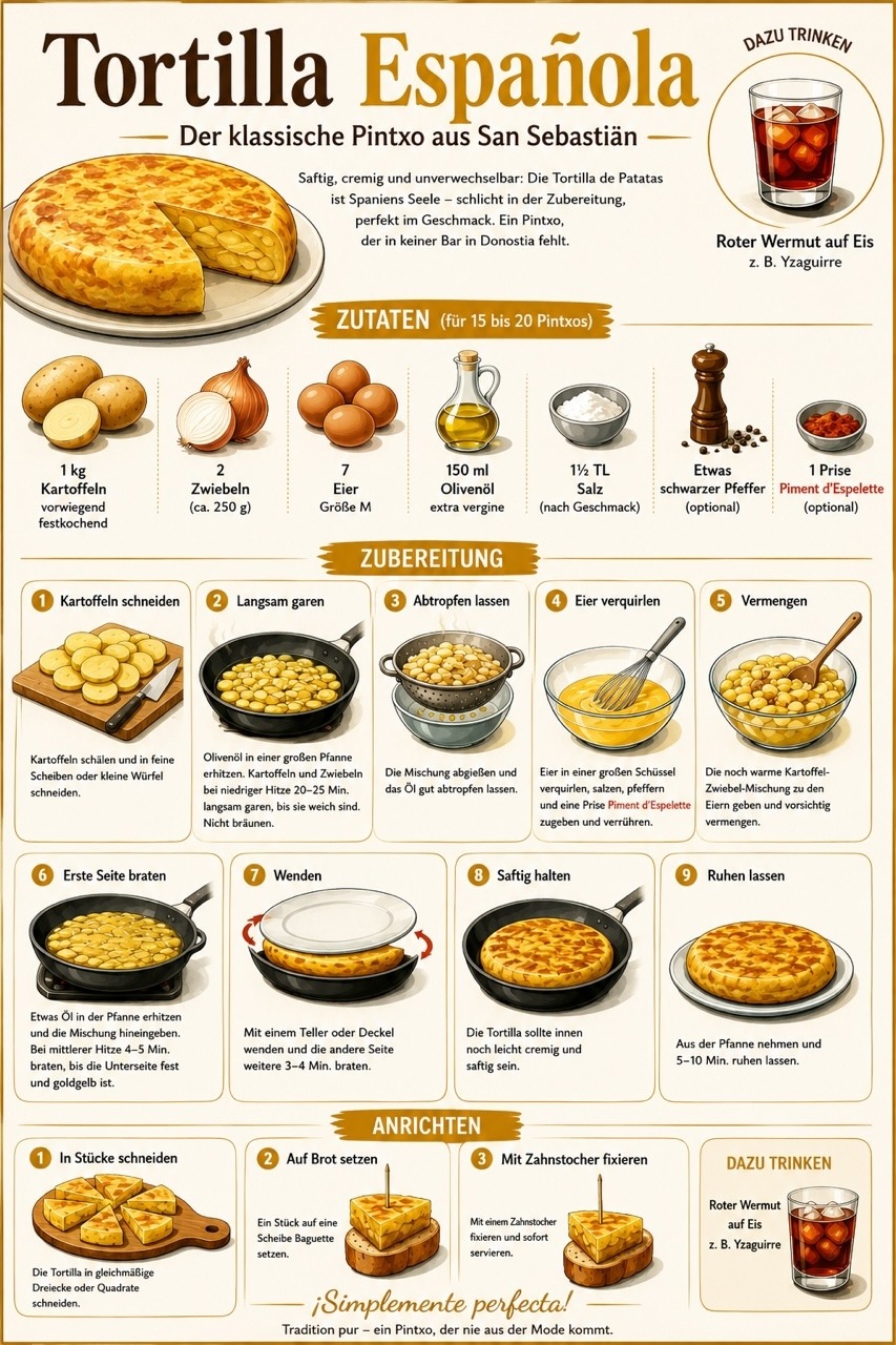 Illustrierte Zubereitungstafel für eine klassische Tortilla Española aus San Sebastián mit Zutaten, 7 Eiern, Piment d’Espelette und Schritt-für-Schritt-Anleitung.