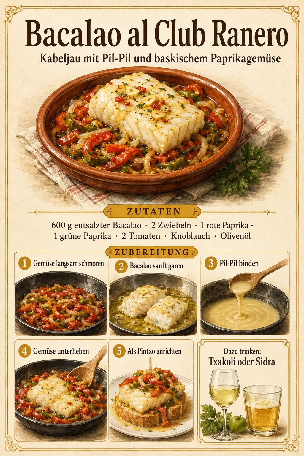 Bacalao al Club Ranero mit Pil-Pil und geschmortem Paprikagemüse