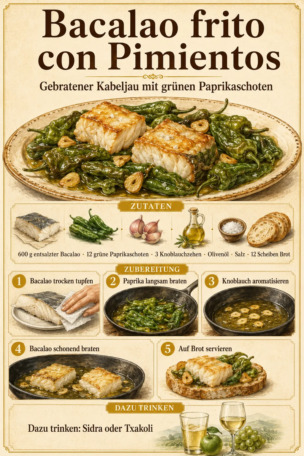 Gebratener Bacalao mit grünen Paprikaschoten und Knoblauch auf Brot