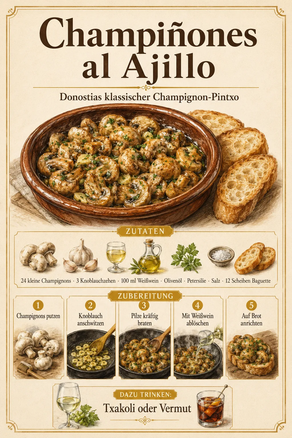 Champiñones al Ajillo mit Knoblauch und Petersilie auf geröstetem Brot