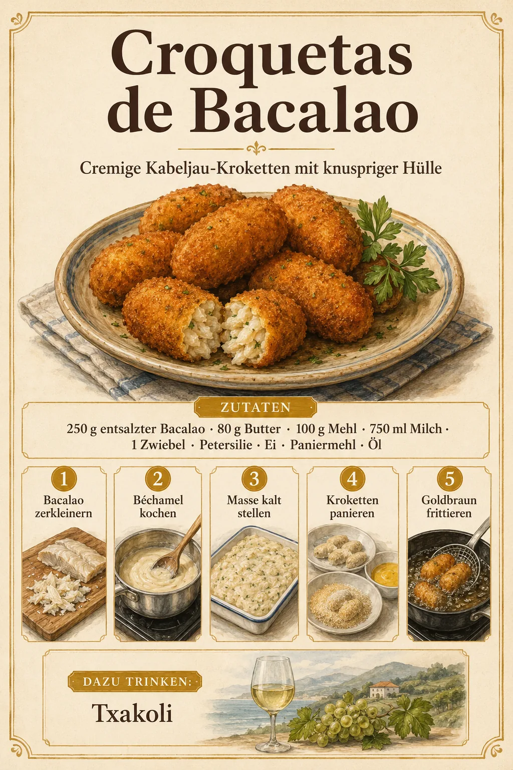Goldbraune Croquetas de Bacalao mit cremiger Kabeljau-Béchamel