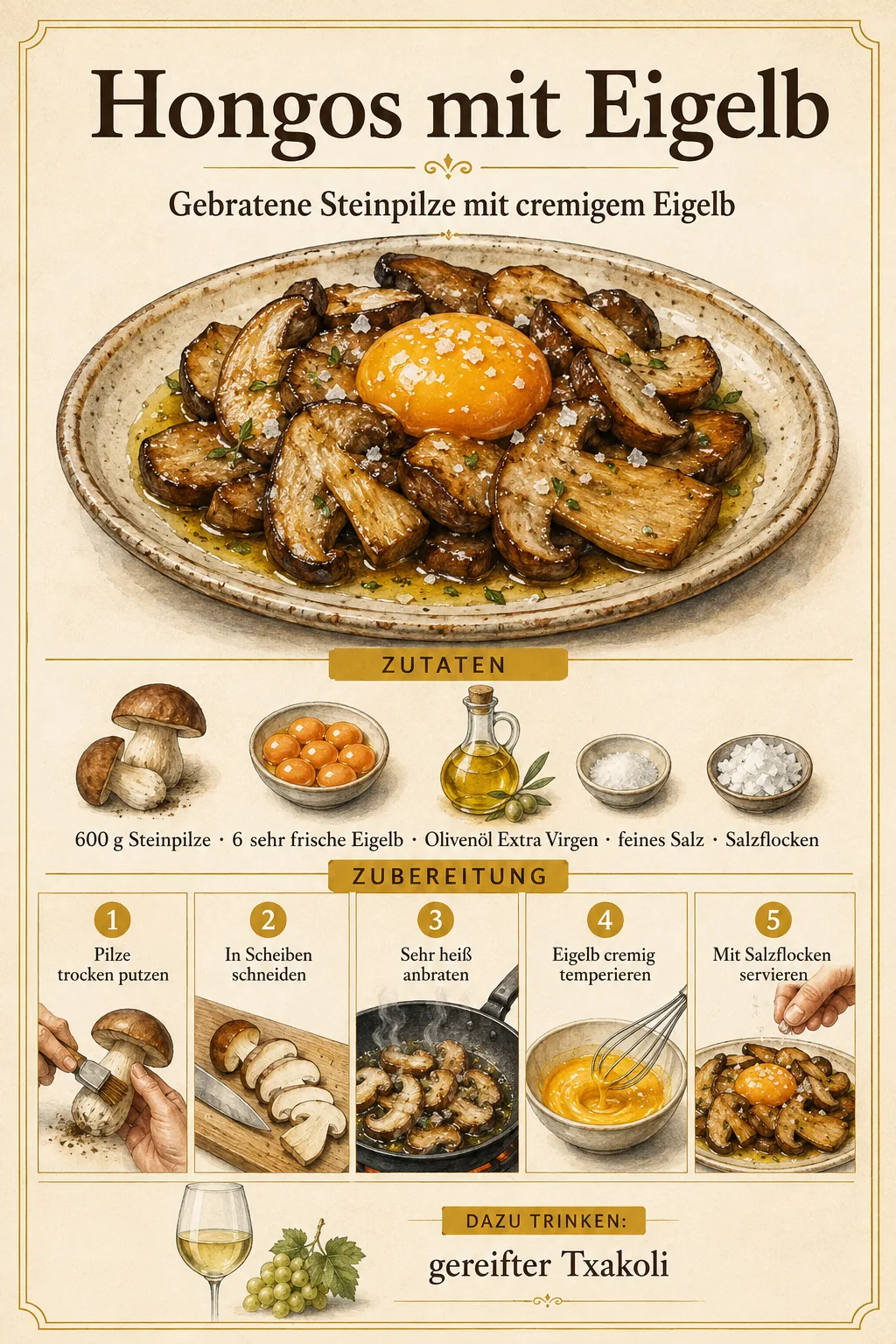 Gebratene Steinpilze mit cremigem Eigelb, Olivenöl und Salzflocken