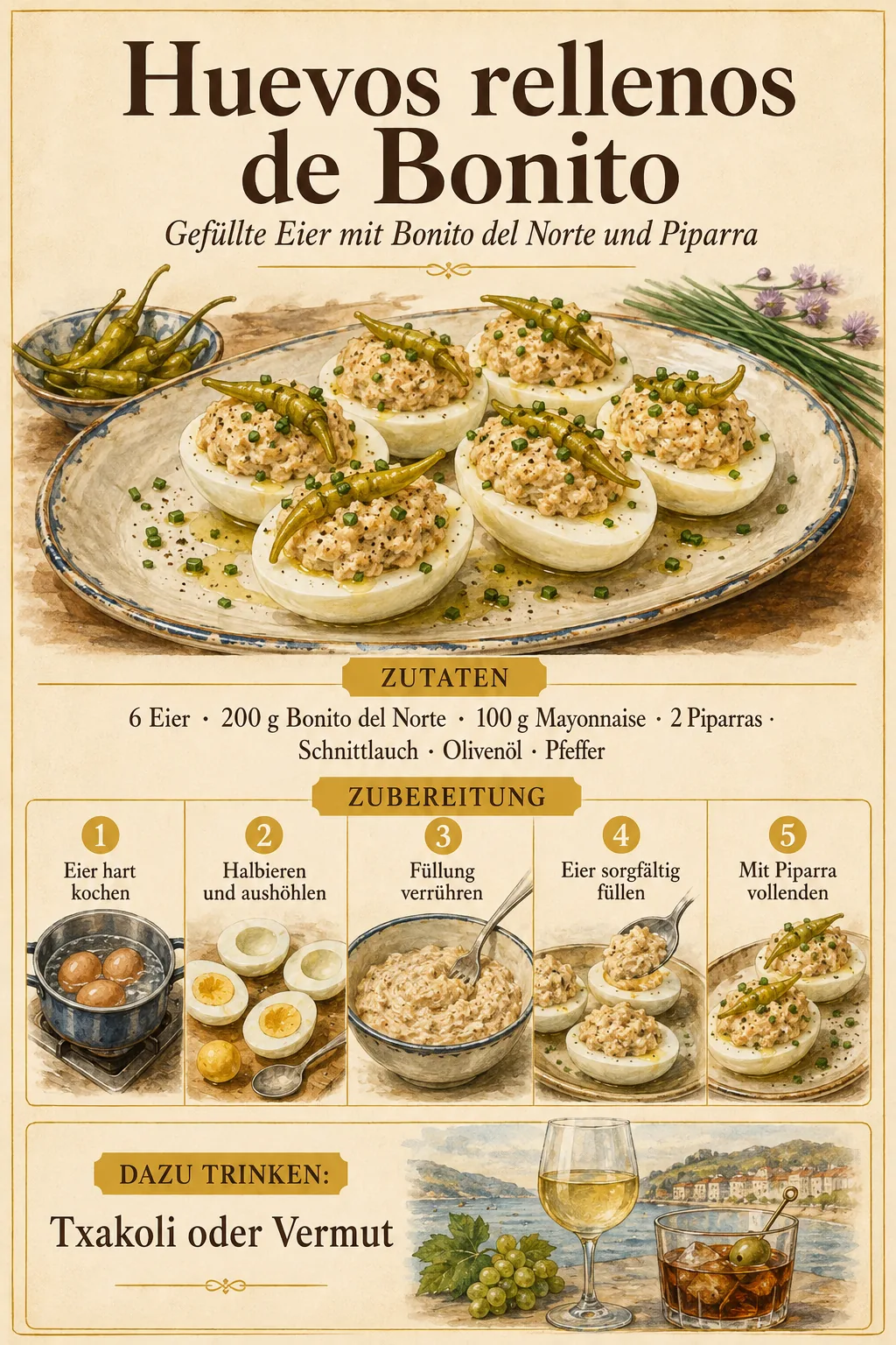 Gefüllte Eier mit Bonito del Norte, Mayonnaise, Piparra und Schnittlauch