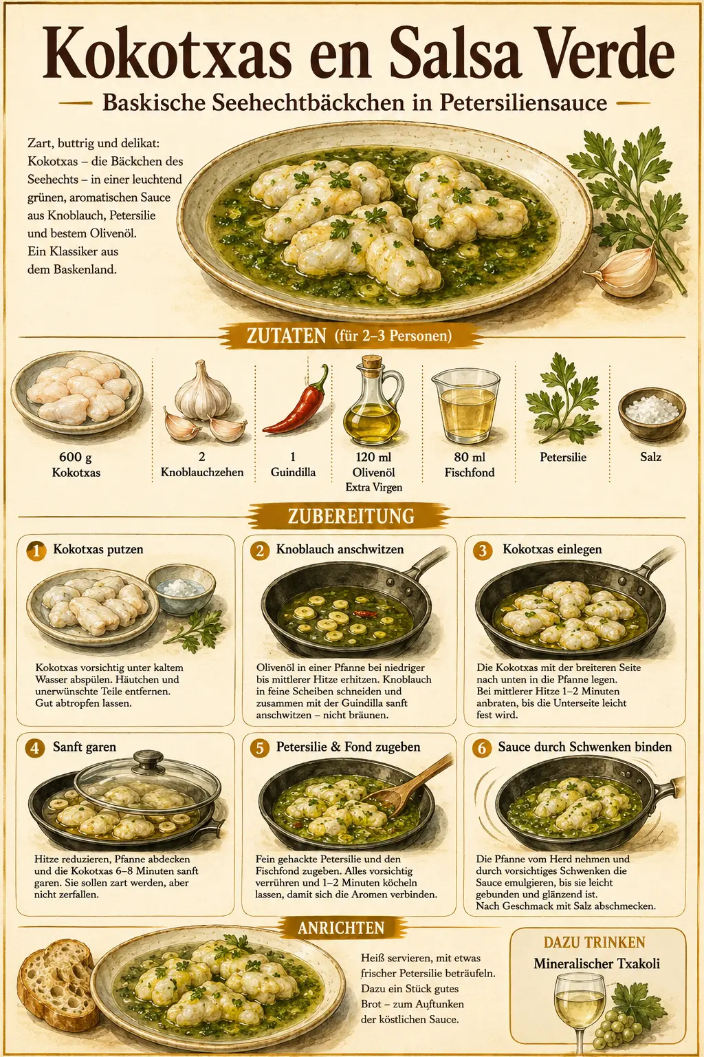 Illustrierte Rezeptkarte für Kokotxas en Salsa Verde mit Seehechtbäckchen, Knoblauch, Petersilie und Olivenöl