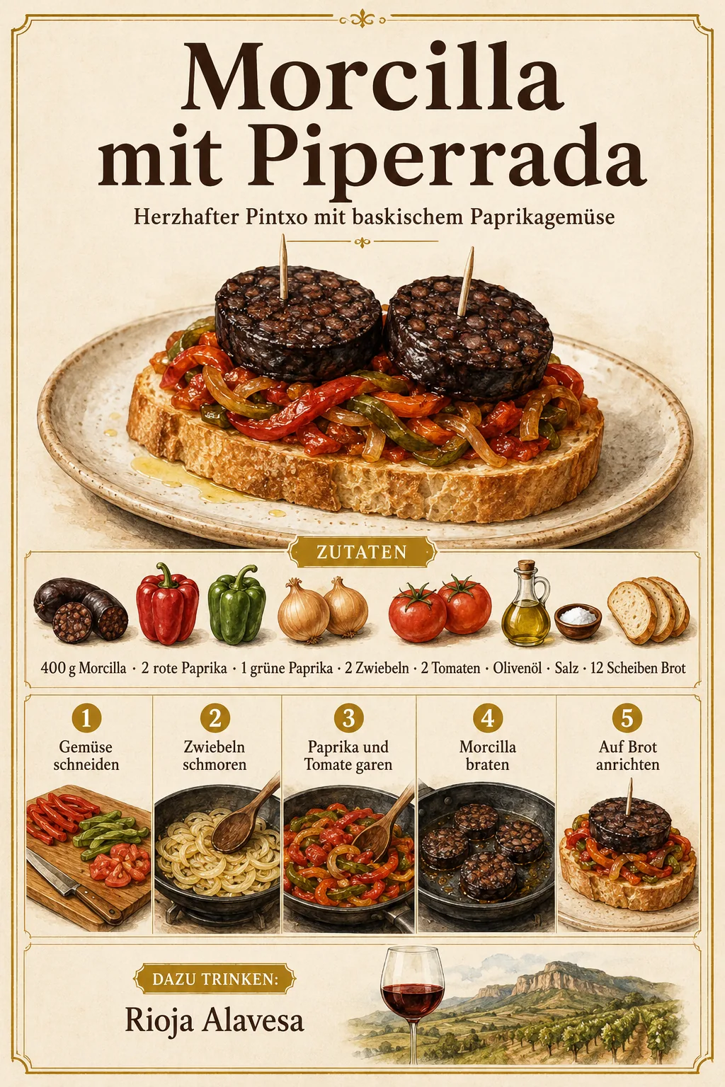 Gebratene Morcilla auf Piperrada und geröstetem Brot