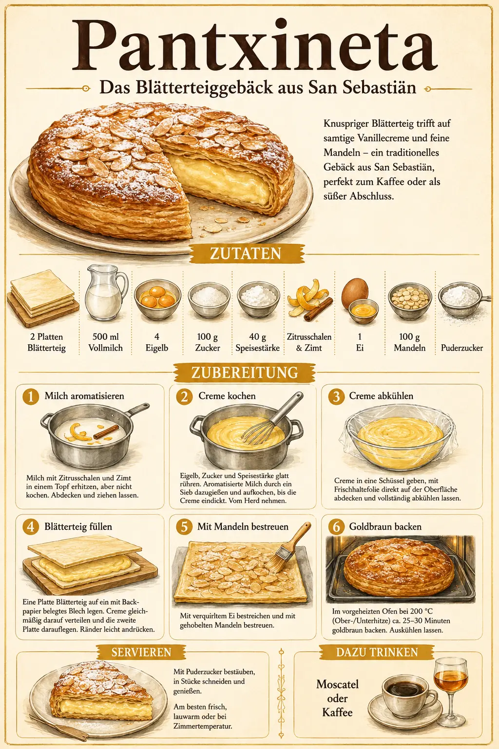 Illustrierte Rezeptkarte für Pantxineta mit Blätterteig, Konditorcreme, Mandeln und Puderzucker