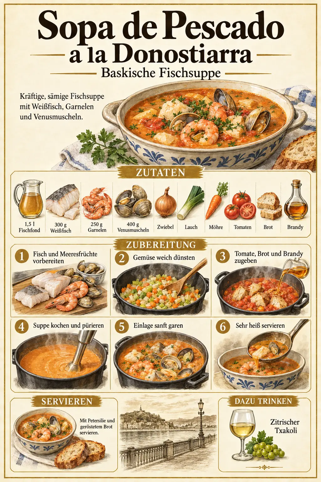 Detaillierte Rezept-Schautafel für Sopa de Pescado a la Donostiarra mit Zutaten, sechs Zubereitungsschritten, Serviertipp und Txakoli-Empfehlung.
