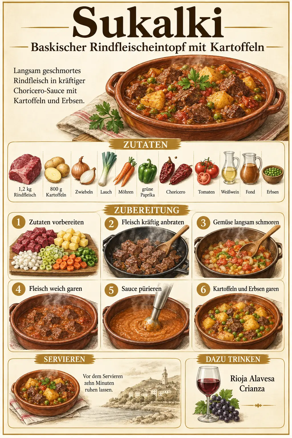 Detaillierte Rezept-Schautafel für Sukalki mit Zutaten, sechs Zubereitungsschritten, Serviertipp und Rioja-Empfehlung.