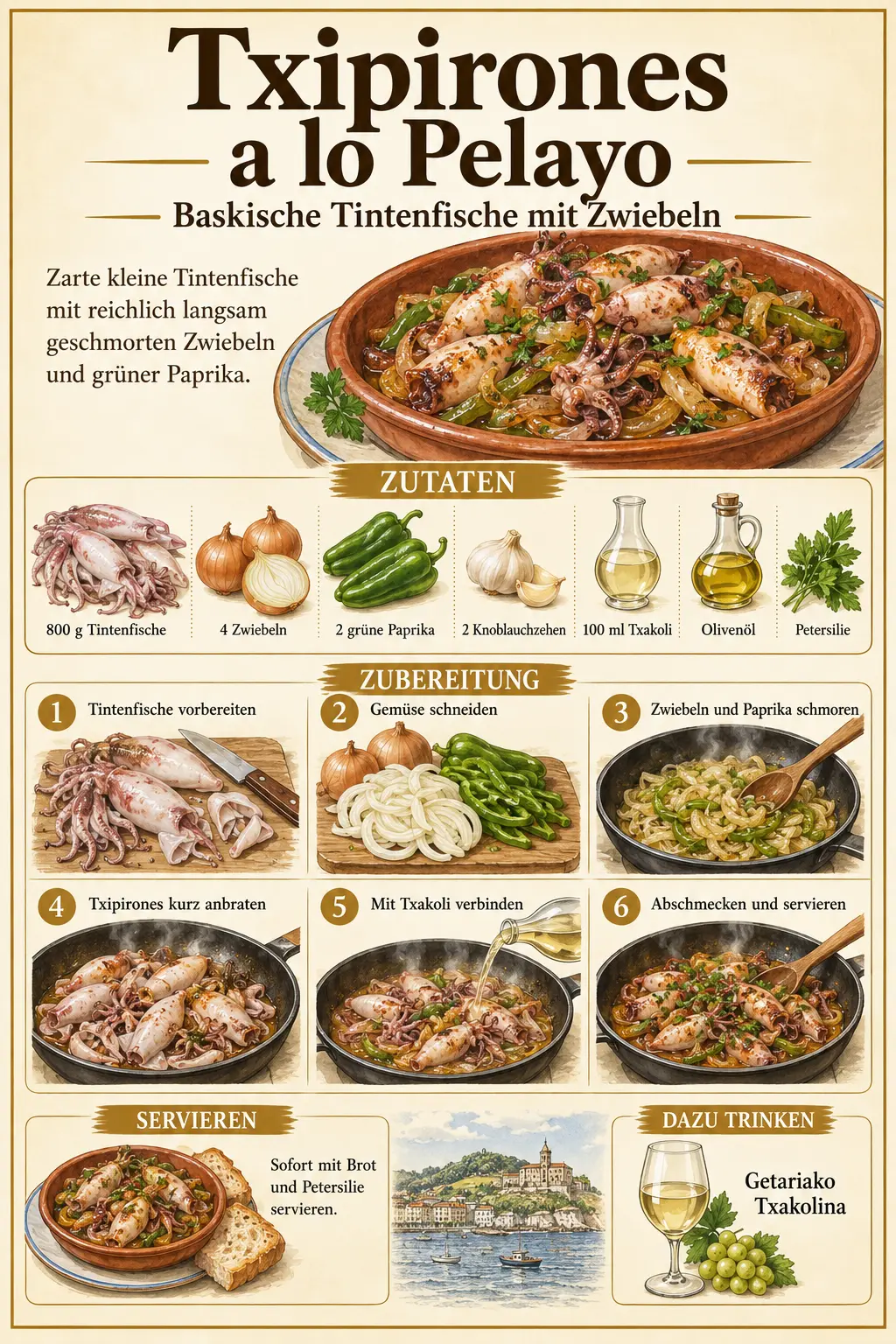 Detaillierte Rezept-Schautafel für Txipirones a lo Pelayo mit Zutaten, sechs Zubereitungsschritten, Serviertipp und Txakoli-Empfehlung.
