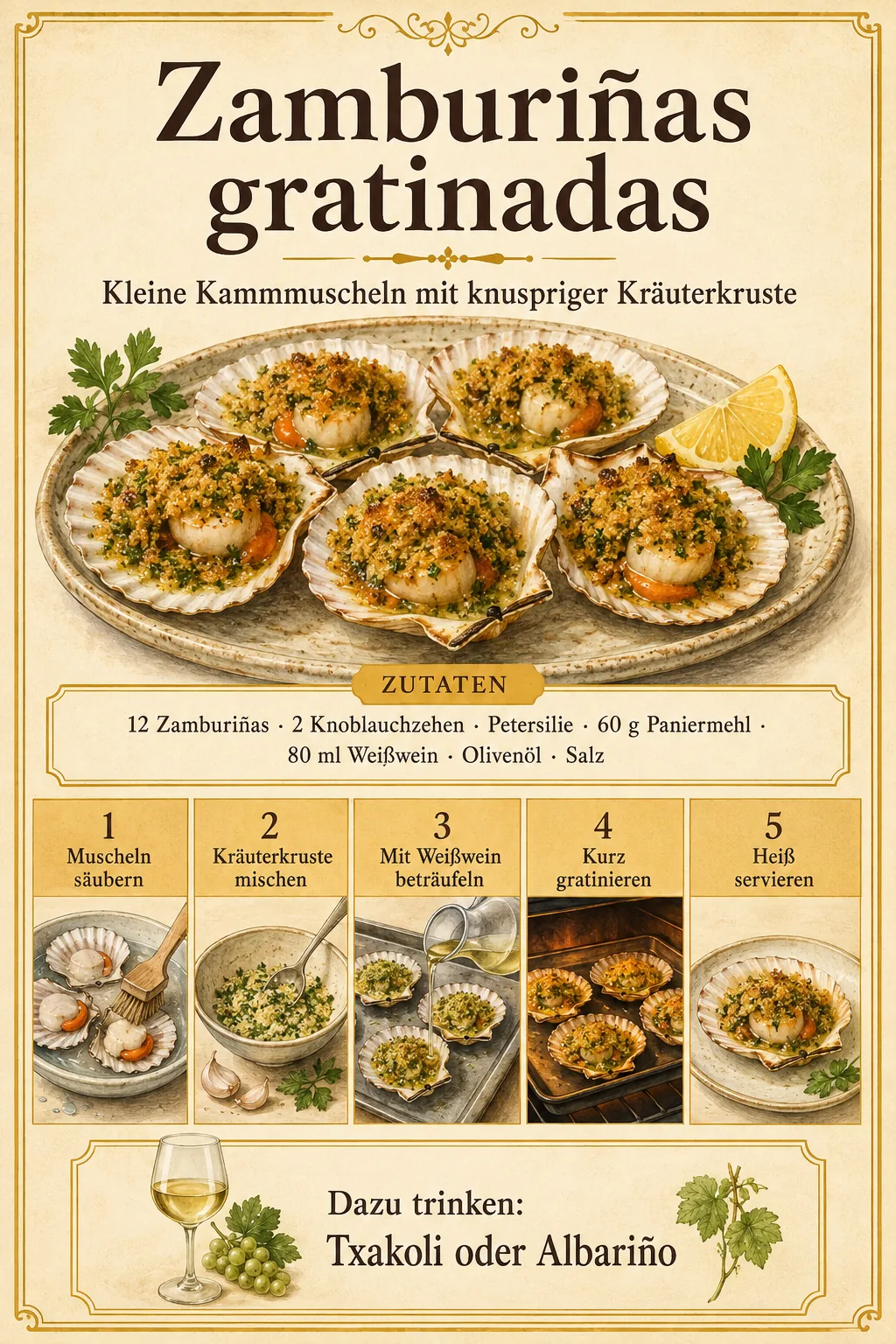 Gratinierte Zamburiñas mit Knoblauch, Petersilie und knuspriger Brotkruste