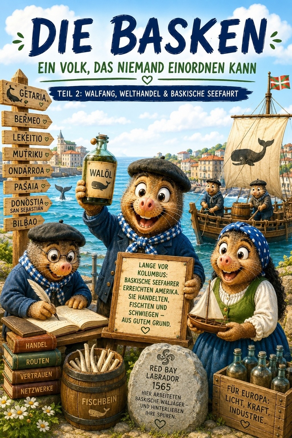 Illustration im hellen, freundlichen Stil mit baskischen Maulwürfen vor der Küste von Donostia-San Sebastián. Die Figuren tragen traditionelle baskische Kleidung und erzählen spielerisch von baskischer Seefahrt, Walfang und Handel. Im Hintergrund fahren historische Schiffe mit baskischen Flaggen über das Meer. Wegweiser zeigen Orte wie Getaria, Pasaia und Bilbao. Schilder und Objekte thematisieren Walöl, Red Bay Labrador und baskische Atlantikfahrten.